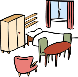 Das Bild zeigt einen Raum mit Bett, Schrank und Tisch mit zwei Stühlen